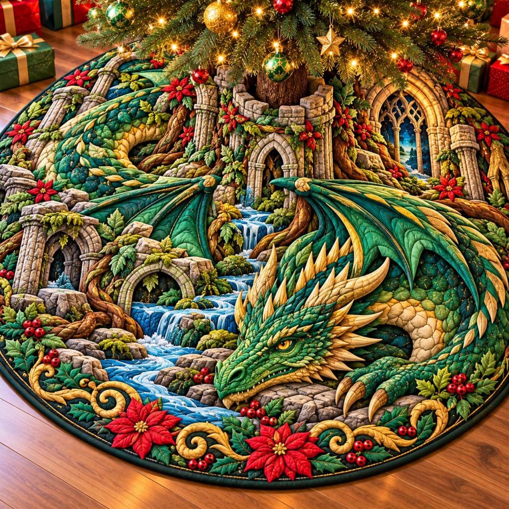 Emerald Christmas Dragon Holiday Tree Skirt — Lux Green Jewel-Toned Embroidery, Custom Handmade Skirt For Festive Elegant Decor