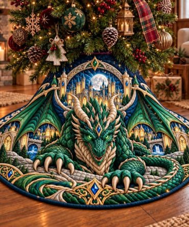 Emerald Dragon Kingdom Fantasy Christmas Tree Skirt — Lush Green Dragon-Themed Mat, Handcrafted Quality, Custom Fit & Collector-Worthy Design