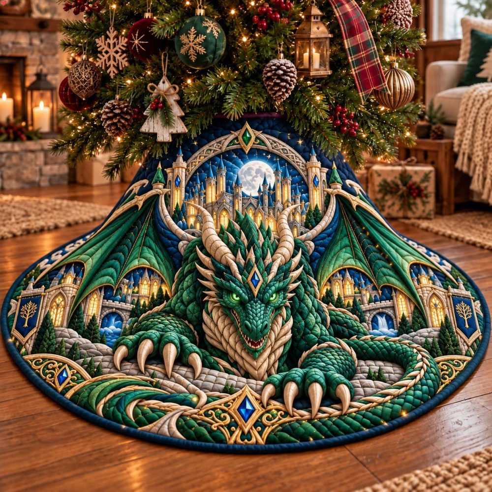 Emerald Dragon Kingdom Fantasy Christmas Tree Skirt — Lush Green Dragon-Themed Mat, Handcrafted Quality, Custom Fit & Collector-Worthy Design
