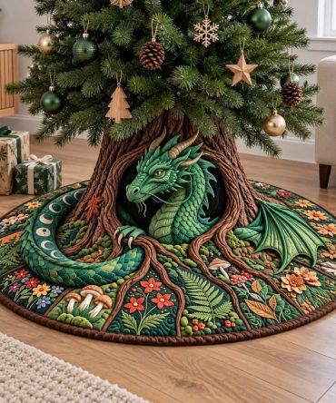 Emerald Forest Dragon Christmas Tree Skirt - Custom Fantasy Holiday Decor With Green Embroidery, Velvet Texture & Personalized Fit