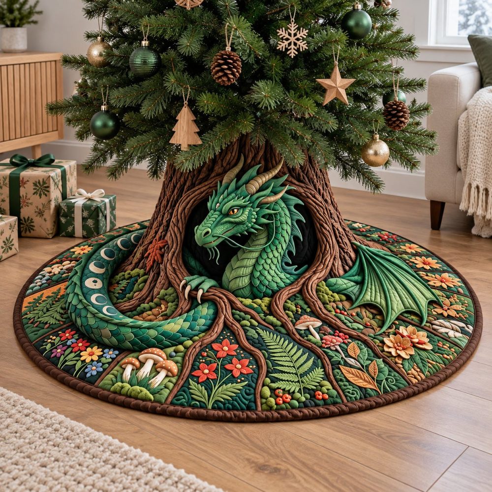Emerald Forest Dragon Christmas Tree Skirt - Custom Fantasy Holiday Decor With Green Embroidery, Velvet Texture & Personalized Fit