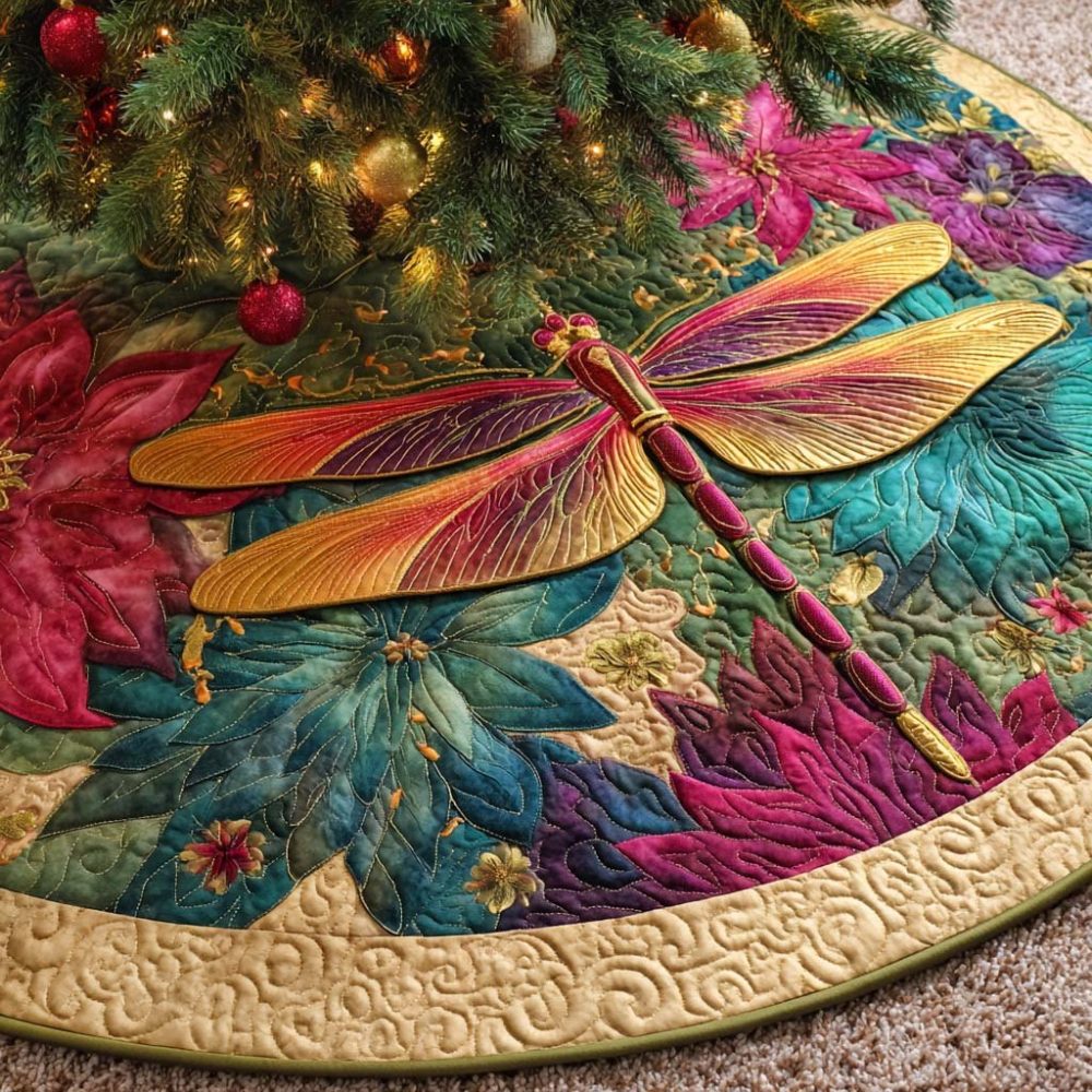 Emerald Garden Flight Holiday Tree Skirt — Custom Floral & Bird Christmas Tree Skirt In Rich Green Velvet