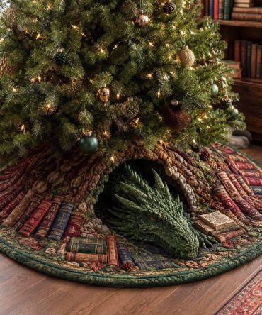 Emerald Library Dragon Christmas Tree Skirt — Fantasy Dragon Design, Emerald Green Velvet, Handmade, Custom Embroidery & Gift Box