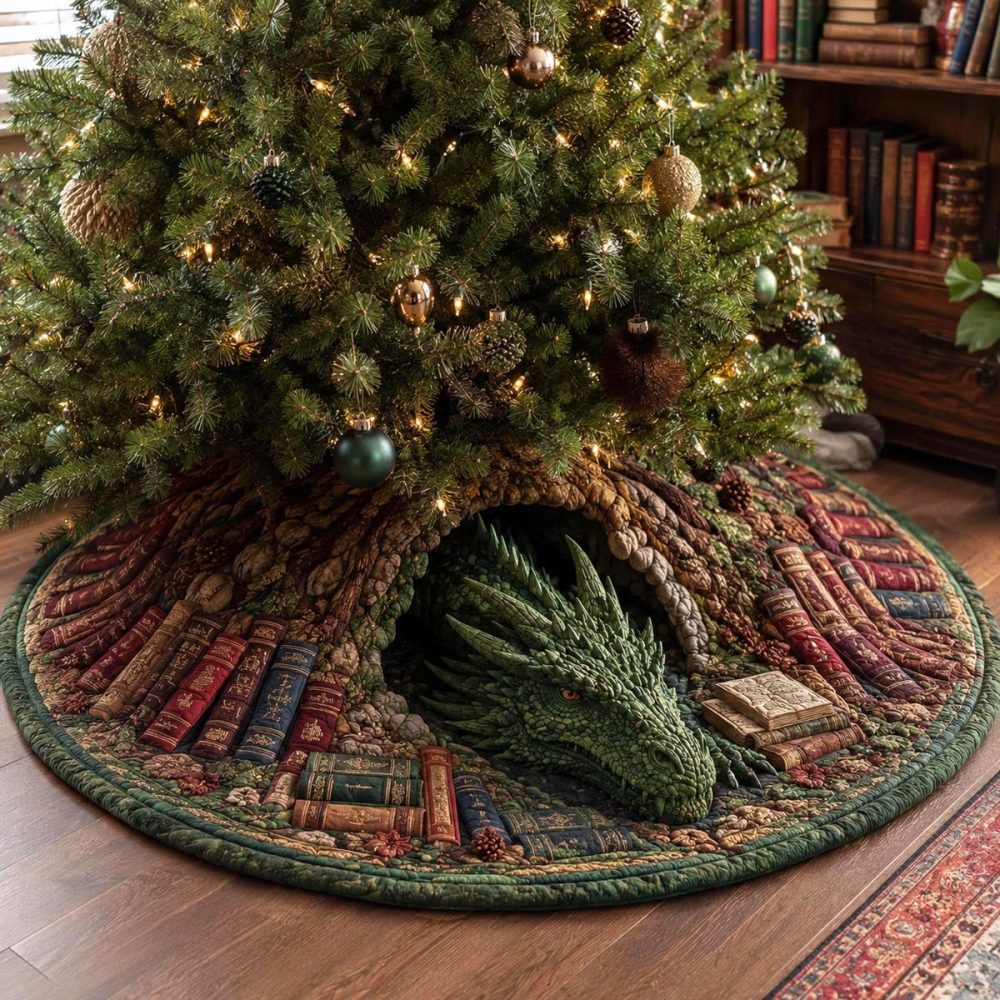 Emerald Library Dragon Christmas Tree Skirt — Fantasy Dragon Design, Emerald Green Velvet, Handmade, Custom Embroidery & Gift Box