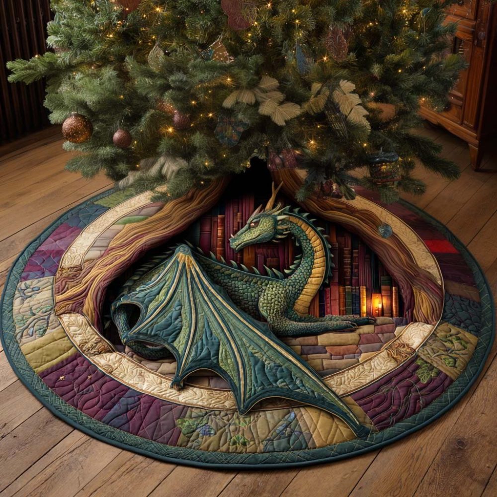 Emerald Library Guardian Luxe Tree Skirt — Custom Green Christmas Tree Skirt With Regal Bookish Motif
