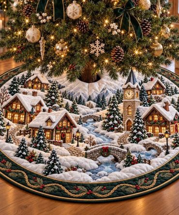 Emerald Village Christmas Tree Skirt - Handcrafted Rich Green Velvet Skirt With Village Scene Embroidery, Custom Sizes & Luxe Finish