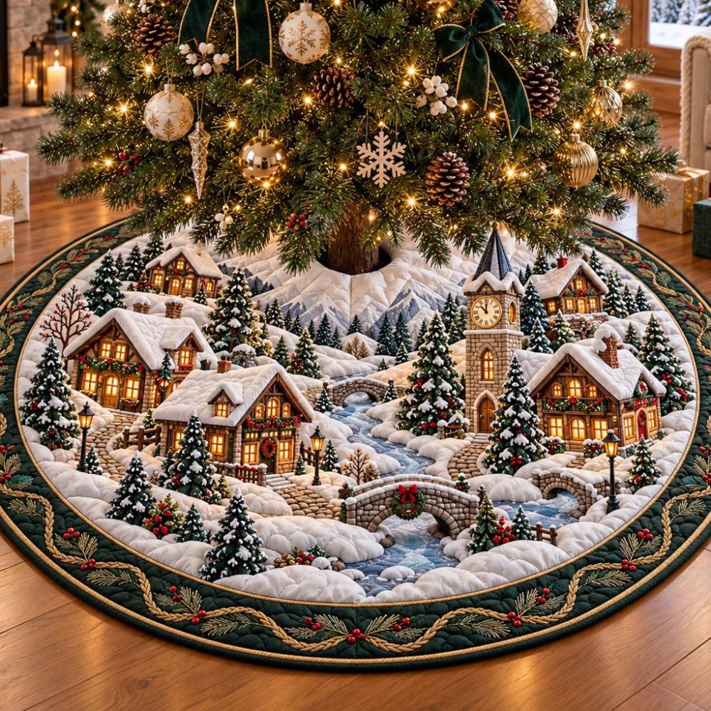 Emerald Village Christmas Tree Skirt - Handcrafted Rich Green Velvet Skirt With Village Scene Embroidery, Custom Sizes & Luxe Finish