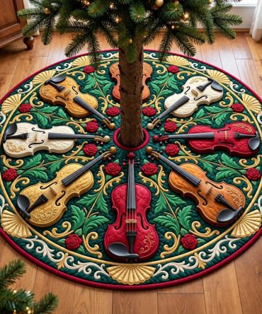 Emerald Violin Symphony Christmas Tree Skirt - Luxurious Green Velvet Skirt With Violin Embroidery, Handcrafted & Custom Sizes