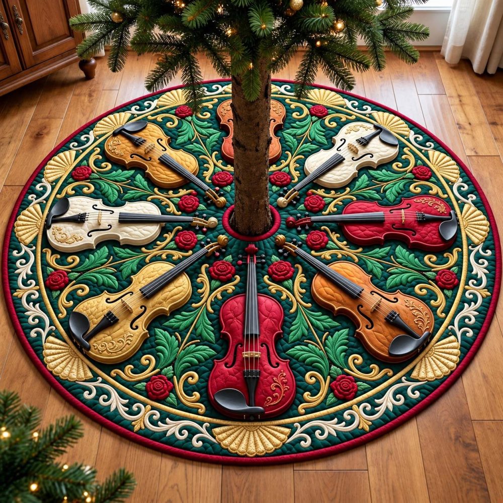 Emerald Violin Symphony Christmas Tree Skirt - Luxurious Green Velvet Skirt With Violin Embroidery, Handcrafted & Custom Sizes