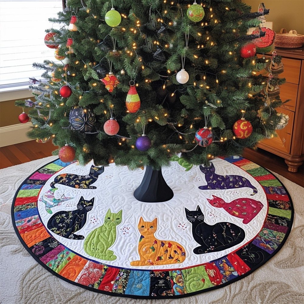 Enchanted Cats Christmas Tree Skirt — Cute Cat Pattern Holiday Skirt, Handmade, Durable Fabric, Personalized Name Embroidery Option