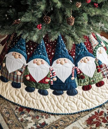 Enchanted Gnome Holiday Christmas Tree Skirt — Cute Garden Gnome Design, Handmade, Machine-Washable, Custom Name Embroidery