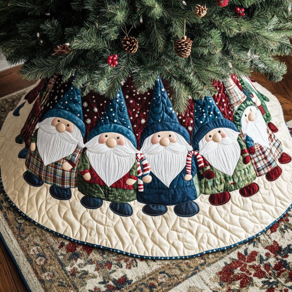Enchanted Gnome Holiday Christmas Tree Skirt — Cute Garden Gnome Design, Handmade, Machine-Washable, Custom Name Embroidery