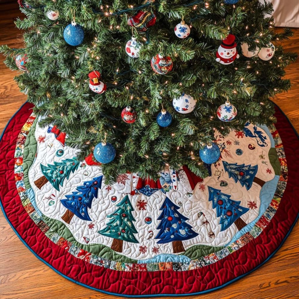 Enchanted Pines Christmas Tree Skirt — Custom Holiday Skirt, Pine Motif, Durable Cotton-Linen, Handmade, Personalize Name