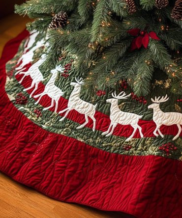Enchanted Woods Christmas Tree Skirt — Custom Rustic Holiday Skirt, Forest Print, Wool Blend, Handmade & Personalizable