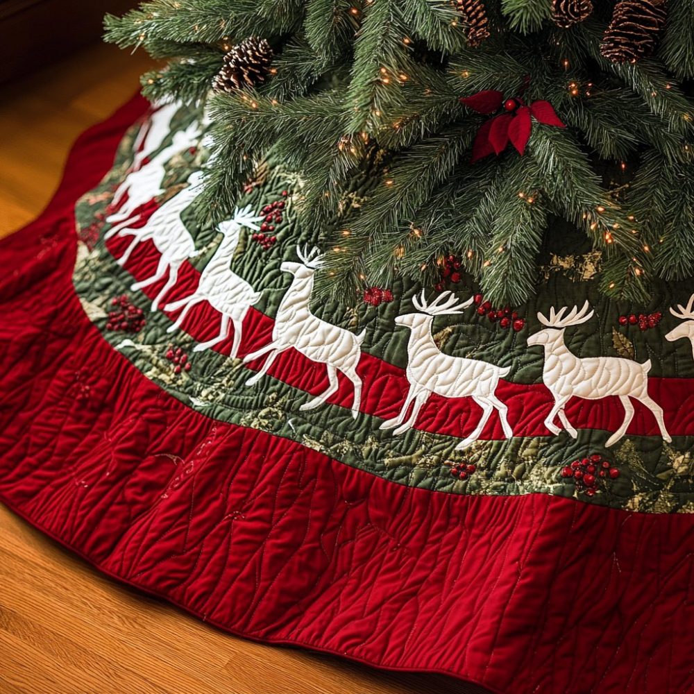 Enchanted Woods Christmas Tree Skirt — Custom Rustic Holiday Skirt, Forest Print, Wool Blend, Handmade & Personalizable