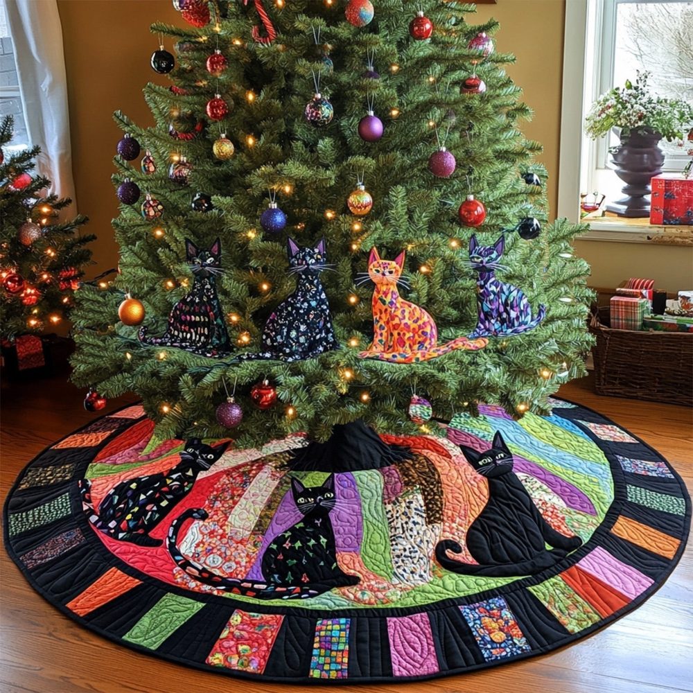 Evening Cats Holiday Tree Skirt — Made-To-Order Playful Christmas Tree Skirt With Cat Silhouettes, Soft Material, Custom Sizes