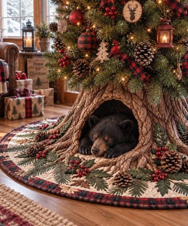 Evergreen Bear Tree Hollow Skirt — Rustic Bear & Hollow Christmas Tree Skirt, Made-To-Order Cabin Decor With Custom Sizing
