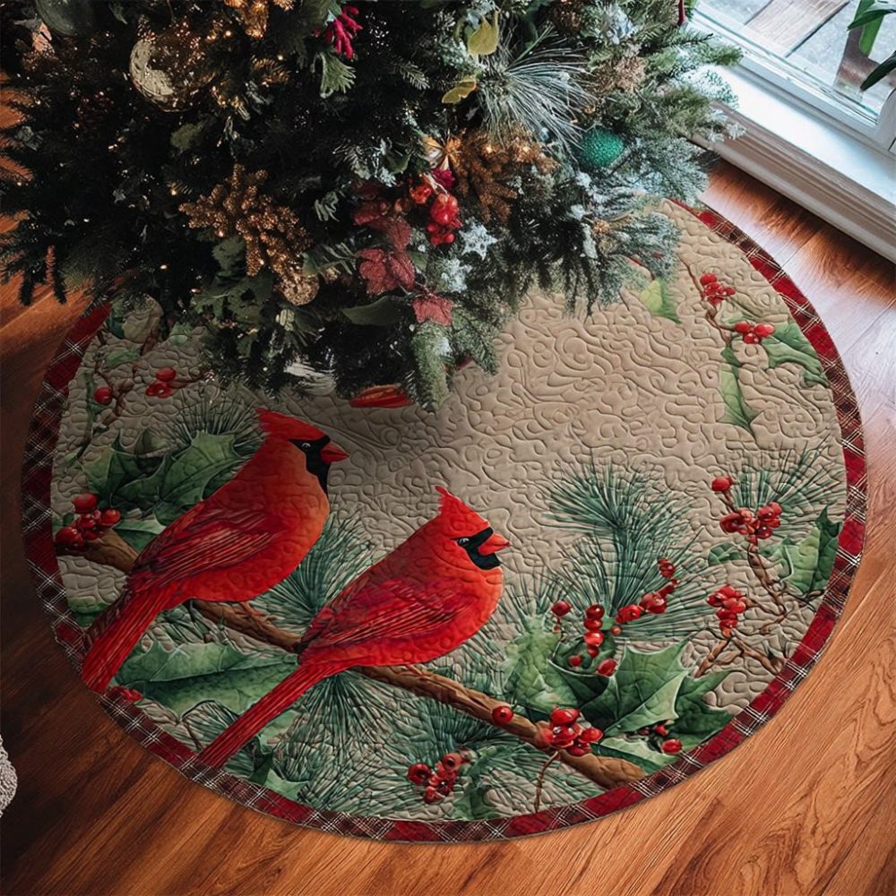 Evergreen Cardinal Signature Tree Skirt — Custom-Made Holiday Tree Skirt With Cardinal Accent, Plush Velvet, Personalized Sizing