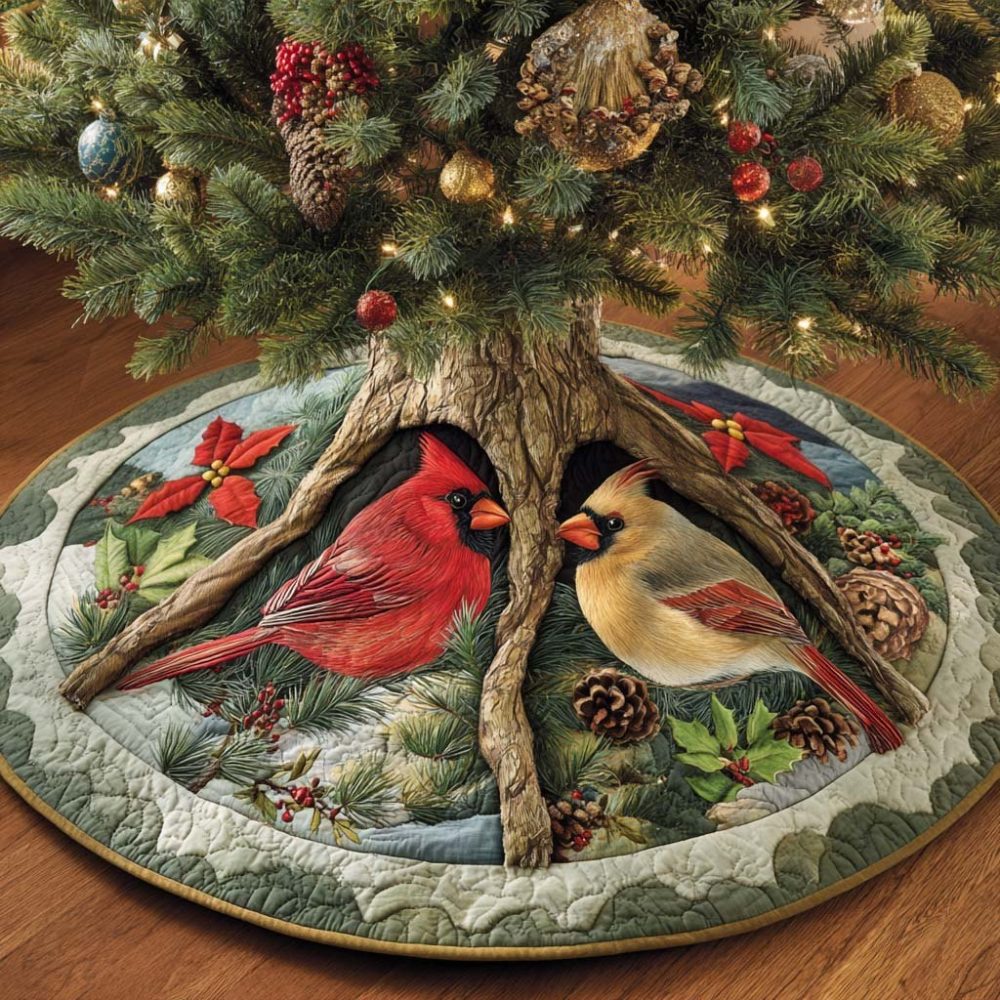 Evergreen Companions Quilted Holiday Tree Skirt — Custom Decorative Christmas Tree Skirt For Cozy Living Rooms