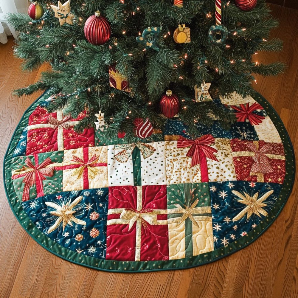 Patchwork Presents & Stars Christmas Tree Skirt - Handmade Quilted Holiday Skirt, Colorful Gift Motif, Customizable Sizes & Heirloom Quality