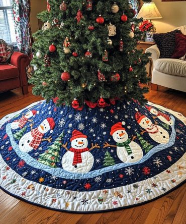 Midnight Blue Snowmen Ring Christmas Tree Skirt - Handmade Elegant Holiday Skirt With Snowmen, Custom Pet-Friendly Decor