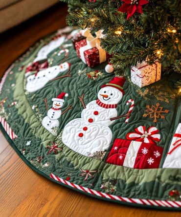 Green Snowman And Gifts Christmas Tree Skirt - Handmade Holiday Skirt With Snowman Motif, Customizable Size, Cozy Festive Accent