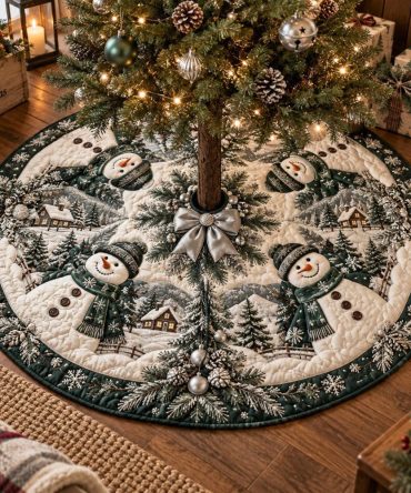 Evergreen Frosty Friends Holiday Tree Skirt — Custom Made Christmas Tree Skirt With Snowman & Pine Motif, Cozy Winter Home Accent