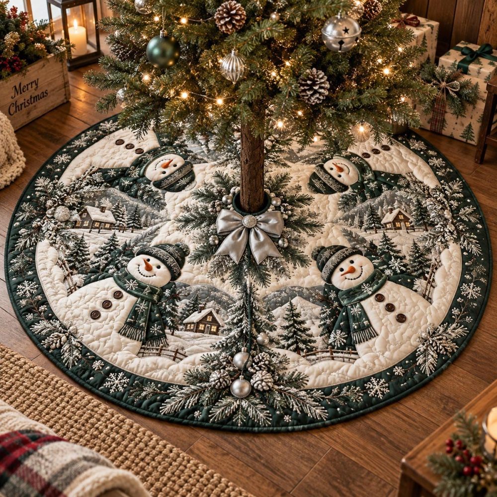 Evergreen Frosty Friends Holiday Tree Skirt — Custom Made Christmas Tree Skirt With Snowman & Pine Motif, Cozy Winter Home Accent