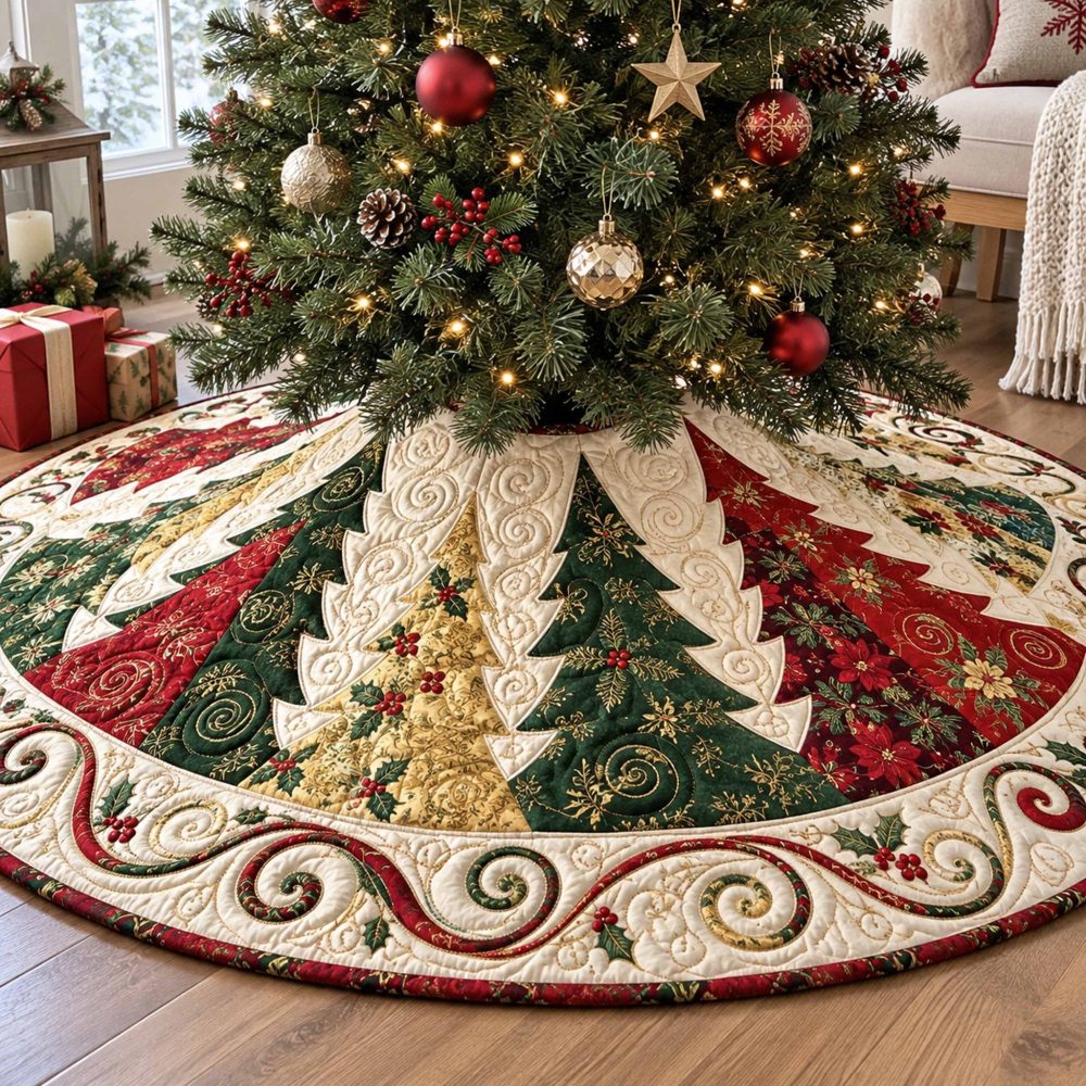 Evergreen Glow Custom Holiday Tree Skirt — Luminous Pine & Snow Design, Made-To-Order Christmas Tree Skirt For Elegant Seasonal Decor