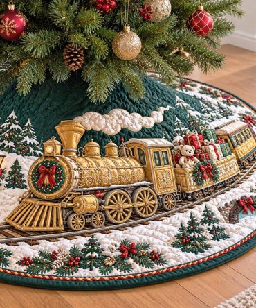 Evergreen Rails Festive Tree Skirt — Classic Pine Rail Design, Premium Felt Or Velvet, Custom Fit For Real & Artificial Trees