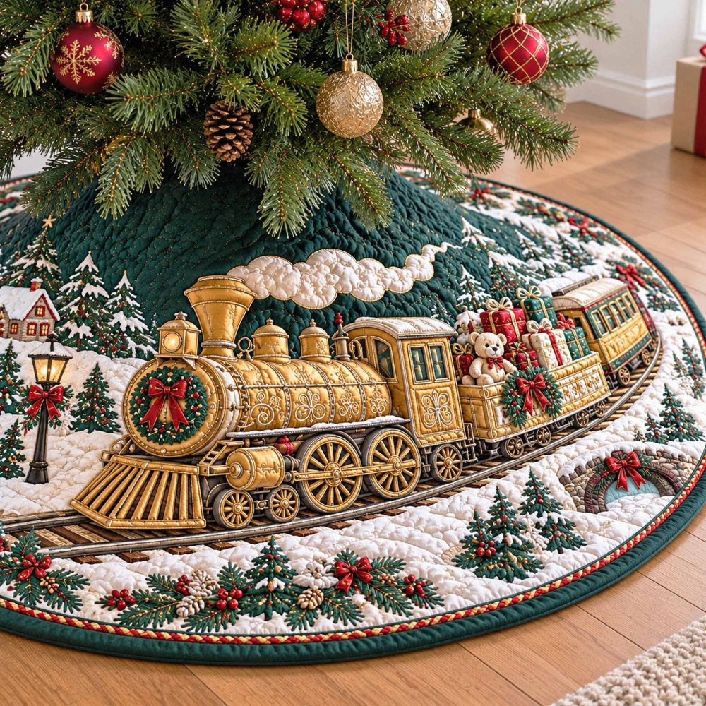 Evergreen Rails Festive Tree Skirt — Classic Pine Rail Design, Premium Felt Or Velvet, Custom Fit For Real & Artificial Trees