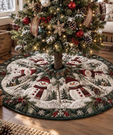 Evergreen Snowman Gathering Skirt — Handcrafted Snowman & Pine Christmas Tree Skirt, Custom Fit For Cozy Holiday Styling