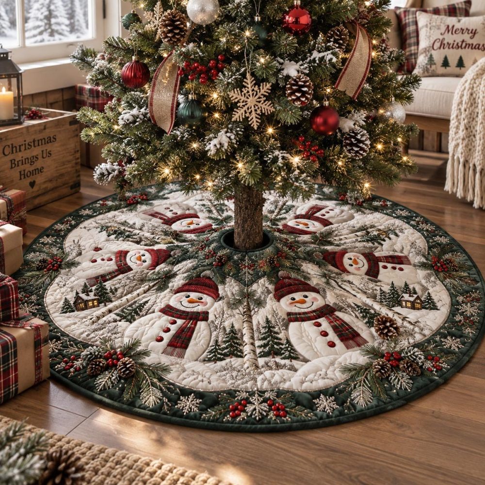 Evergreen Snowman Gathering Skirt — Handcrafted Snowman & Pine Christmas Tree Skirt, Custom Fit For Cozy Holiday Styling