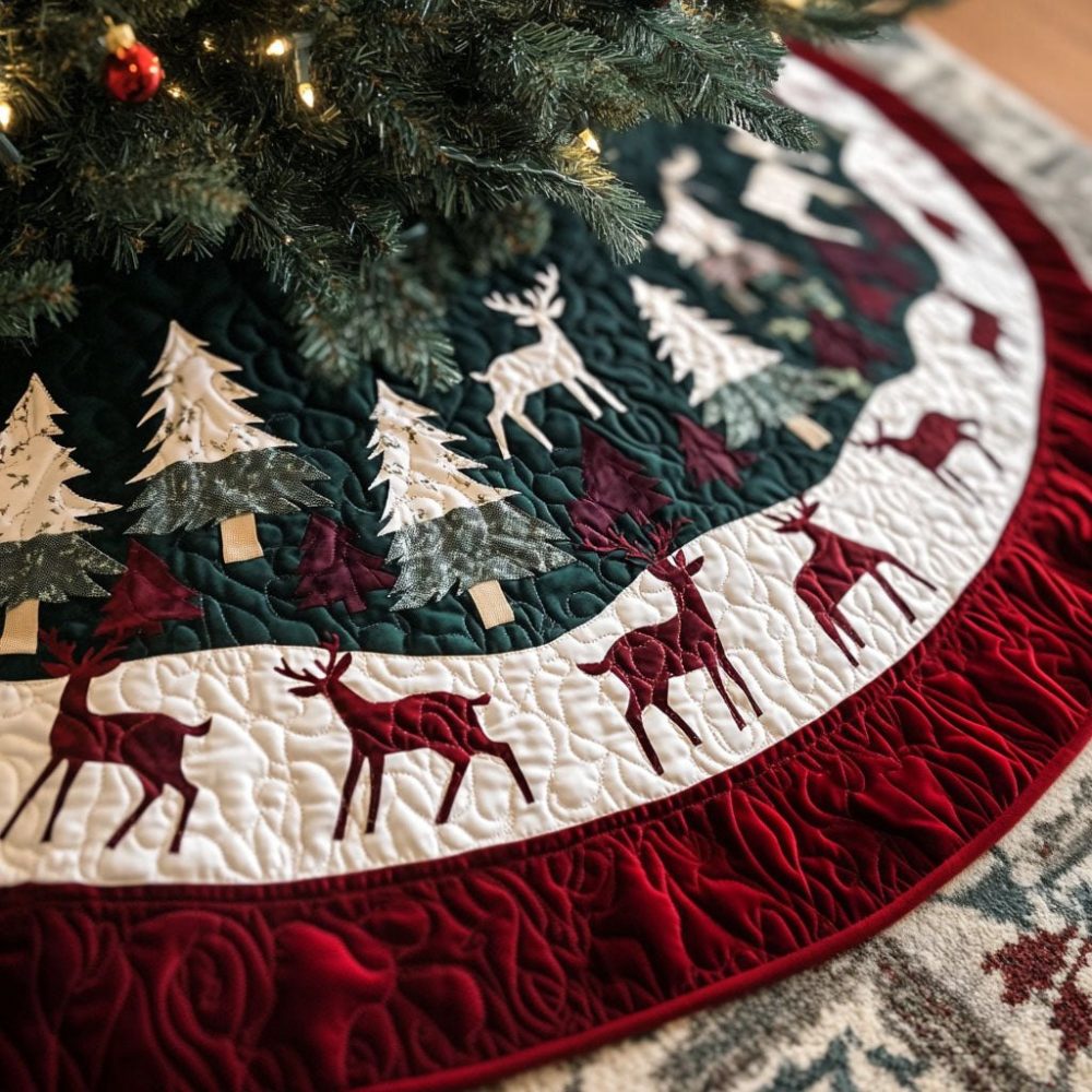 Evergreen Trails Christmas Tree Skirt - Classic Pine Forest Holiday Skirt, Durable Fabric, Custom Sizes & Personalized Embroidery, Handmade