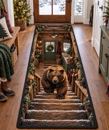 Evergreen Bear Stair Runner — Forest-Themed Holiday Stair Carpet With Bear & Pine Design, Durable Anti-Skid Backing For Steps