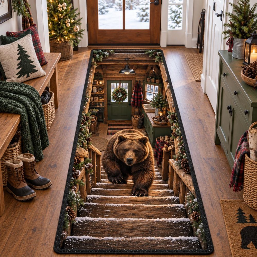 Evergreen Bear Stair Runner — Forest-Themed Holiday Stair Carpet With Bear & Pine Design, Durable Anti-Skid Backing For Steps