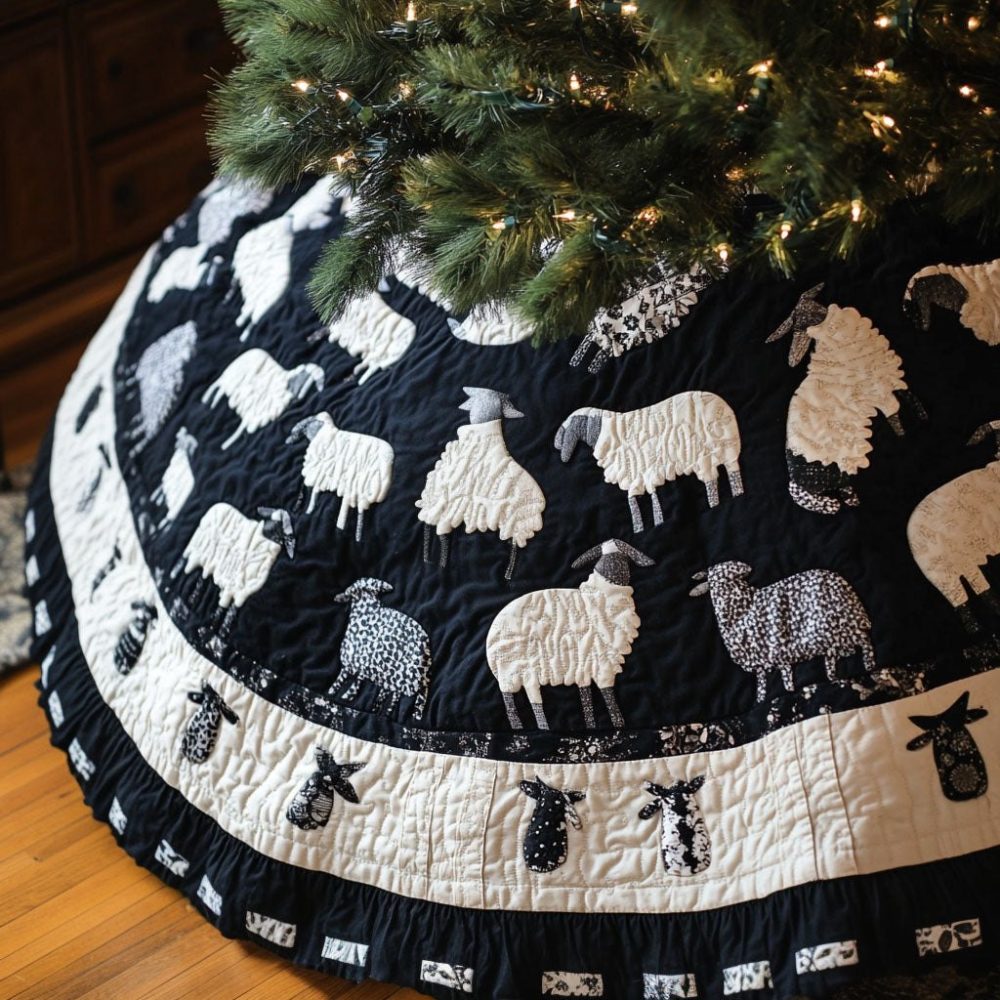 Ewe'S Haven Sheep Christmas Tree Skirt - Cozy Farmstead Holiday Skirt, Personalized Family Name, Handmade Rustic Decor