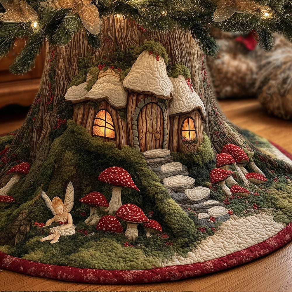 Enchanted Fairy Mushroom Forest Christmas Tree Skirt - Whimsical Woodland Holiday Skirt, Handmade Custom Sizes & Sparkle Accents