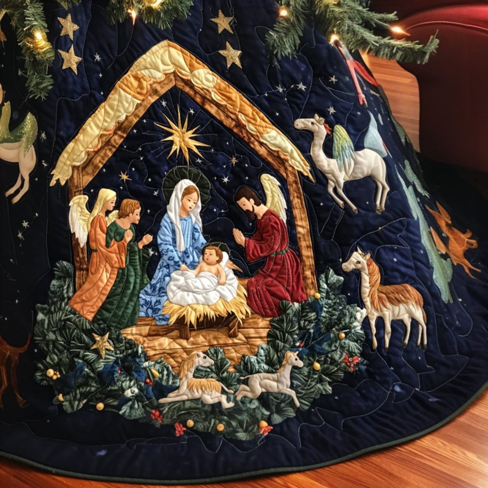 Midnight Faithful Christmas Tree Skirt - Starry Night Holiday Skirt With Cozy Winter Scene, Custom Sizes & Personalization