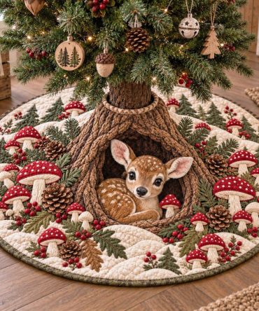 Fawn Hollow Velvet Tree Skirt — Elegant Deer & Forest Scene, Luxury Holiday Base Mat, Custom Size Options & Gift-Boxed Presentation