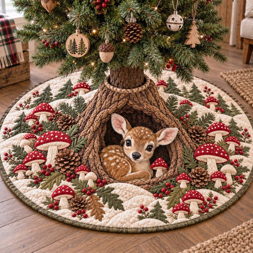 Fawn Hollow Velvet Tree Skirt — Elegant Deer & Forest Scene, Luxury Holiday Base Mat, Custom Size Options & Gift-Boxed Presentation