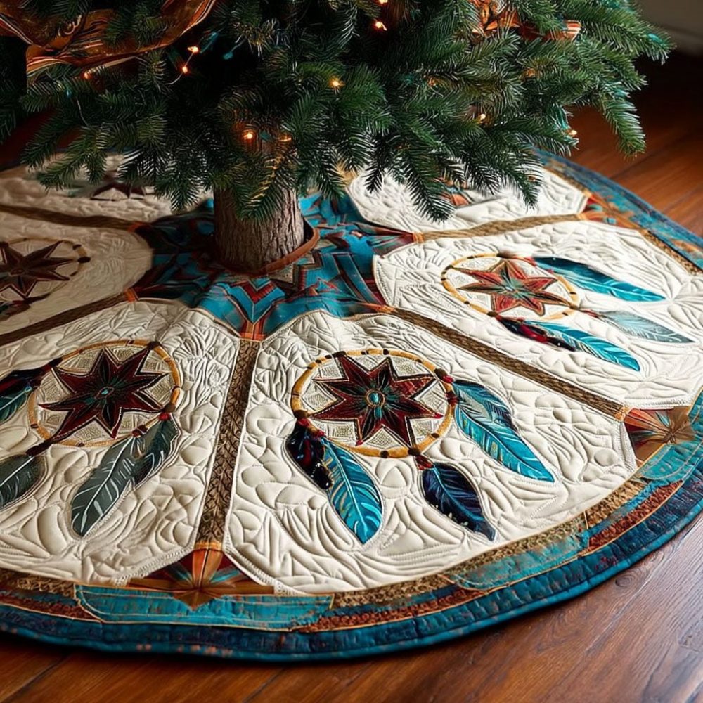 Feather Compass Custom Tree Skirt — Handcrafted Nautical Bird & Compass Christmas Tree Skirt, Personalized Colors & Sizes