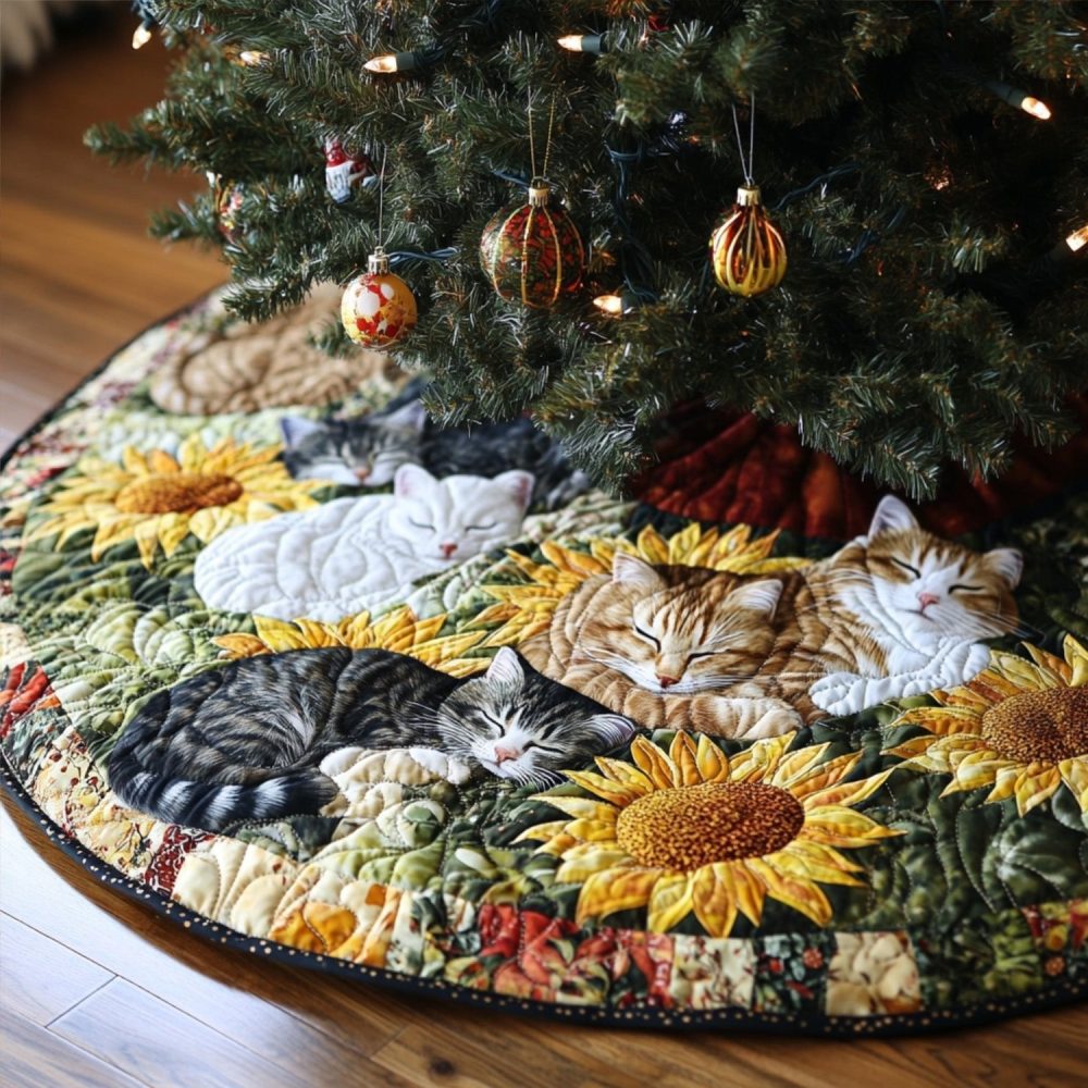 Feline Fields Holiday Tree Skirt — Handcrafted Cat-Themed Christmas Tree Skirt, Durable Fabric, Customizable Options