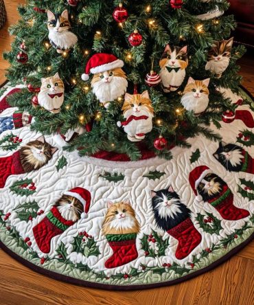 Feline Frost Premium Tree Skirt — Handmade Winter Cat Christmas Tree Skirt, Frosted Motifs, Custom Sizing & Colors