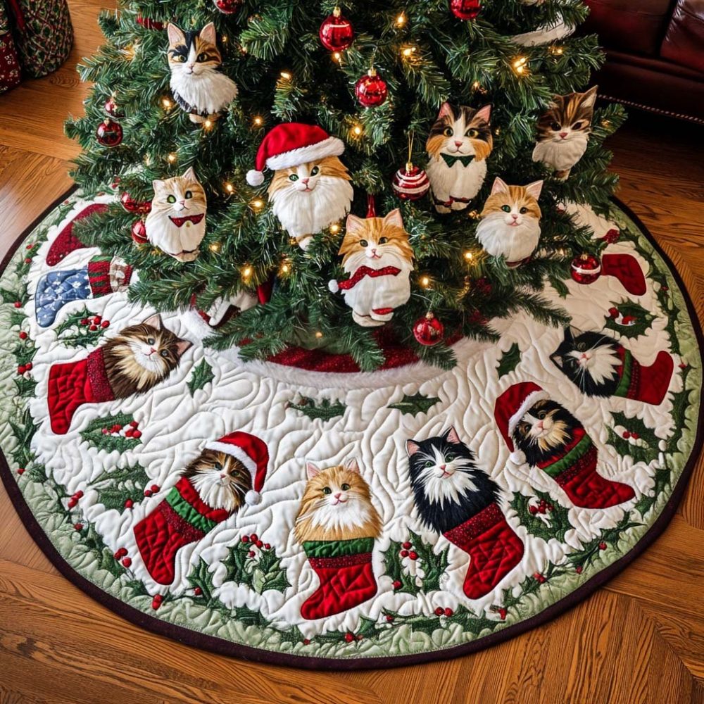 Feline Frost Premium Tree Skirt — Handmade Winter Cat Christmas Tree Skirt, Frosted Motifs, Custom Sizing & Colors