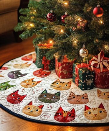 Refined Feline Grace Tree Skirt — Luxury Handmade Cat Christmas Tree Skirt, Soft Velvet, Custom Colors & Embellishments