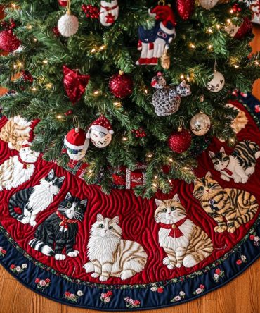 Charming Feline Noel Tree Skirt — Custom Handmade Cat Holiday Tree Skirt, Cozy Fabric, Perfect Gift For Cat Lovers