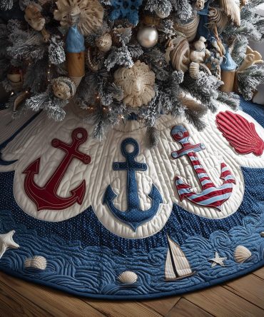 Coastal Anchor Holiday Tree Skirt — Nautical Christmas Skirt Made-To-Order With Anchor Motif For Beach House Seasonal Decor