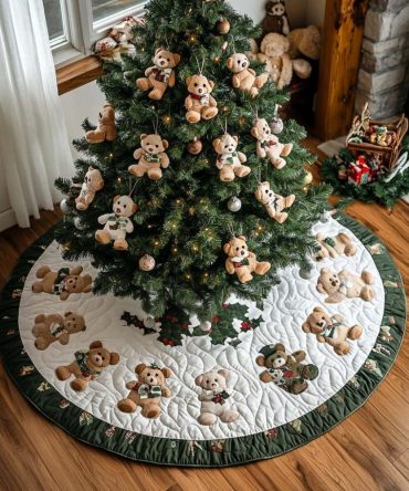 Woodland Bear Gathering Christmas Tree Skirt — Handcrafted Bear Family Holiday Skirt In Rustic Style, Custom Options Available