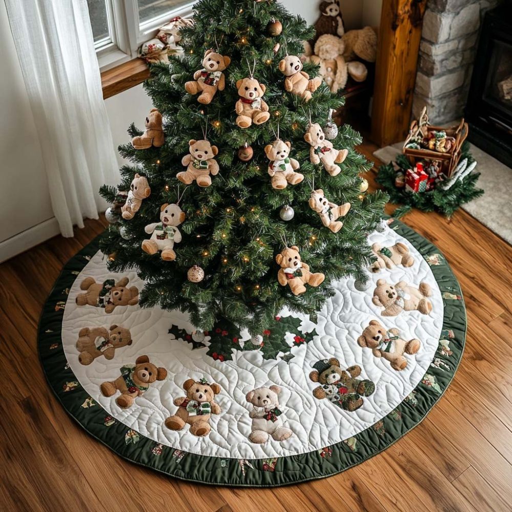 Woodland Bear Gathering Christmas Tree Skirt — Handcrafted Bear Family Holiday Skirt In Rustic Style, Custom Options Available